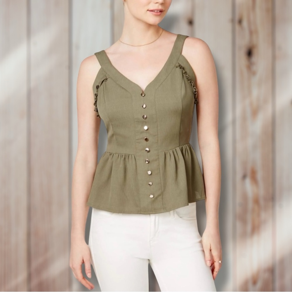 ✨ Maison Jules Crepe Ruffled Peplum Top in Burnt Olive